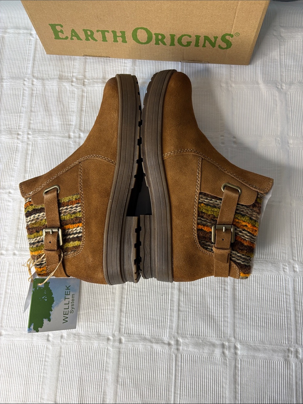 Earth Origins Brown Suede Ankle Boots with Multicolor Knit Cuff Side Zip 10W - Picture 5 of 9